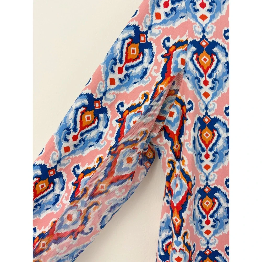 IBKUL Quarter Zip Mock Neck Sun Shirt Size L Ikat Damask Print Long Sleeve UPF50 - Picture 5 of 10
